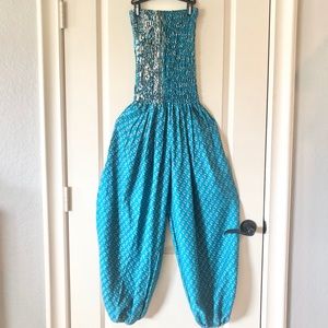 India Boutique Boho Harem Jumpsuit Blue Floral Smocked Strapless One Piece S/M